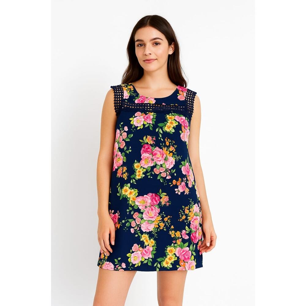 12 PM By Mon Women's Dress Blue Floral Shift Sleeveless w/Crochet Trim Size M